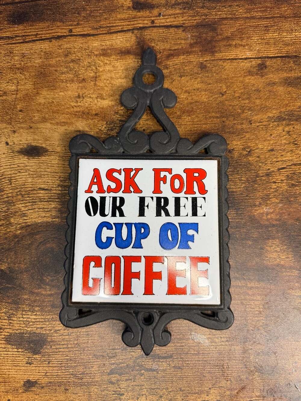 Vintage Seven Star Cast Iron and Ceramic Wall Plaque Ask For Our Free Cup Of Cof